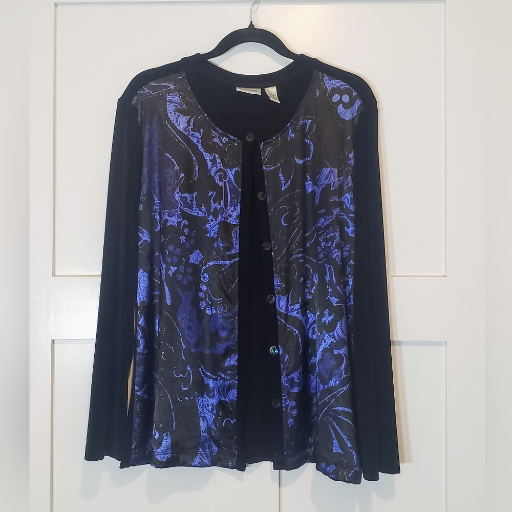 Chico's Travelers Cardigan Satin Front Button Down Size XL/3 Black Blue Gold